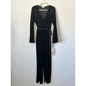Calvin Klein Womens Black Velvet Bell Sleeve Tassel Wrap Jumpsuit Size 12